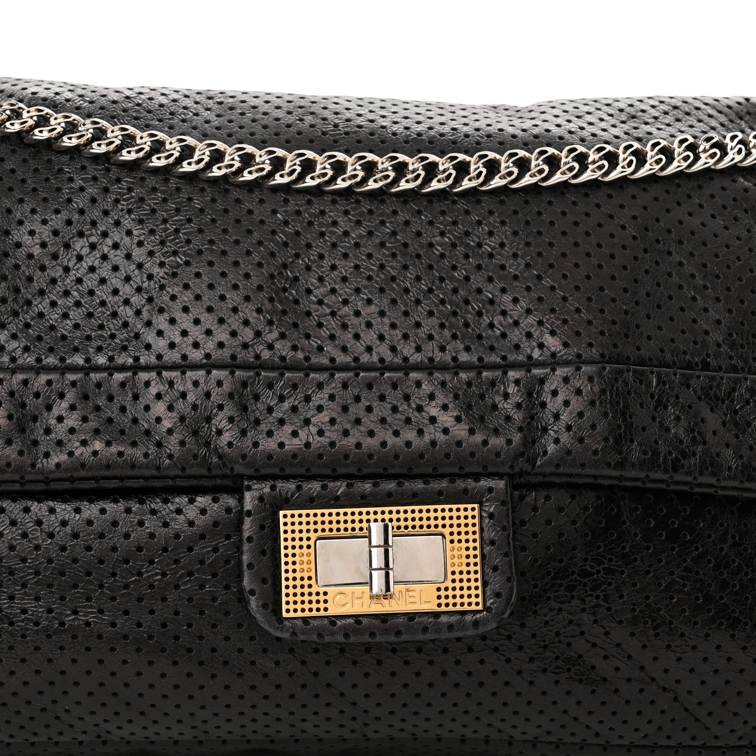 Chanel Metallic Crackled Calfskin Large Perforated Drill Flap Black 8 of 10