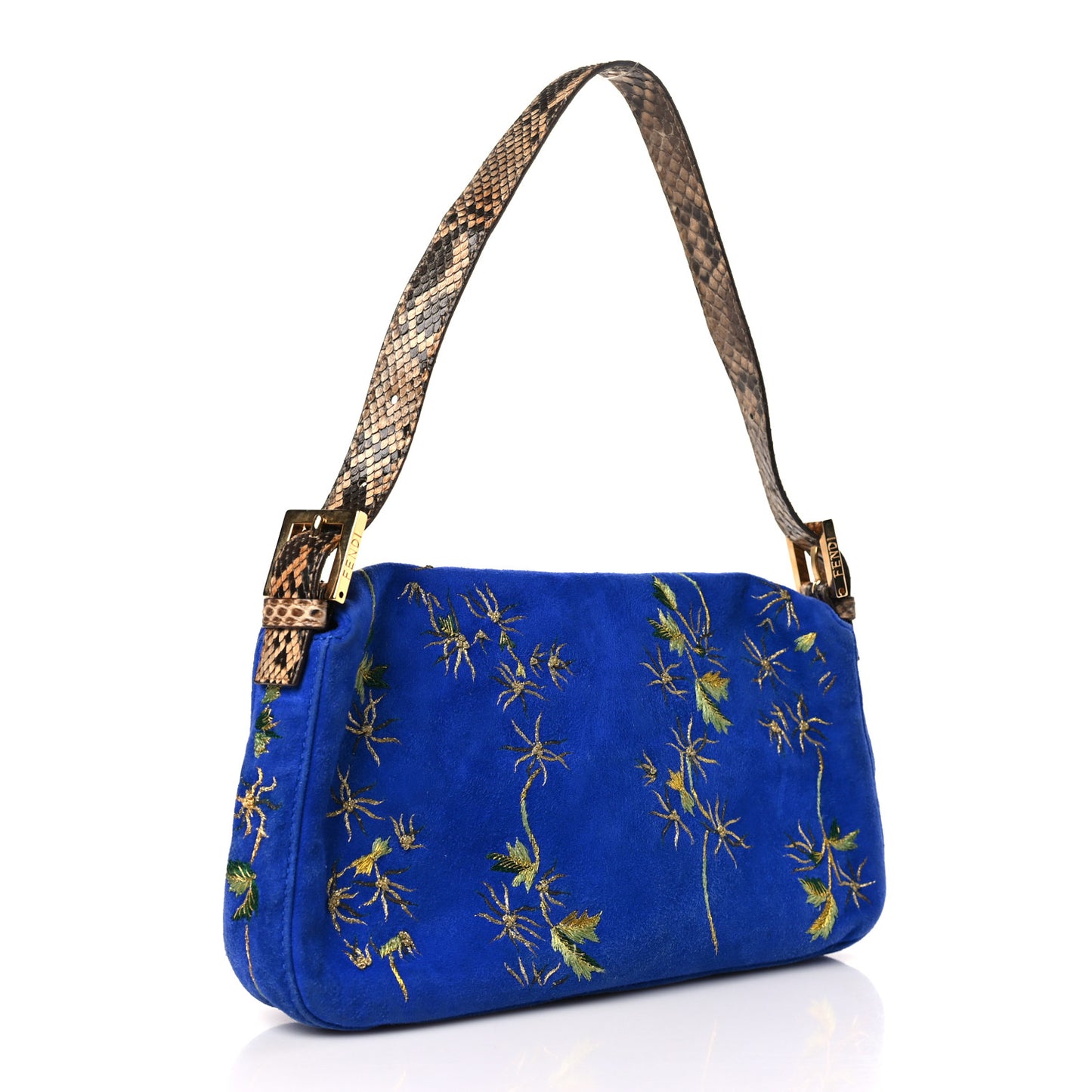 Suede Embroidered Snakeskin Baguette Blue Multicolor