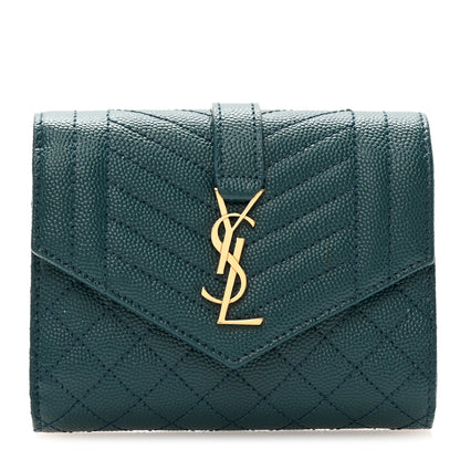Saint Laurent Grain De Poudre Mixed Matelasse Triquilt Monogram Compact Tri Fold Wallet Sea Turquois 1 of 8
