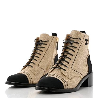 Chanel Woven Raffia Grosgrain Cap Toe Womens CC Lace Up Combat Short Boots 37.5 Beige Black 3 of 8