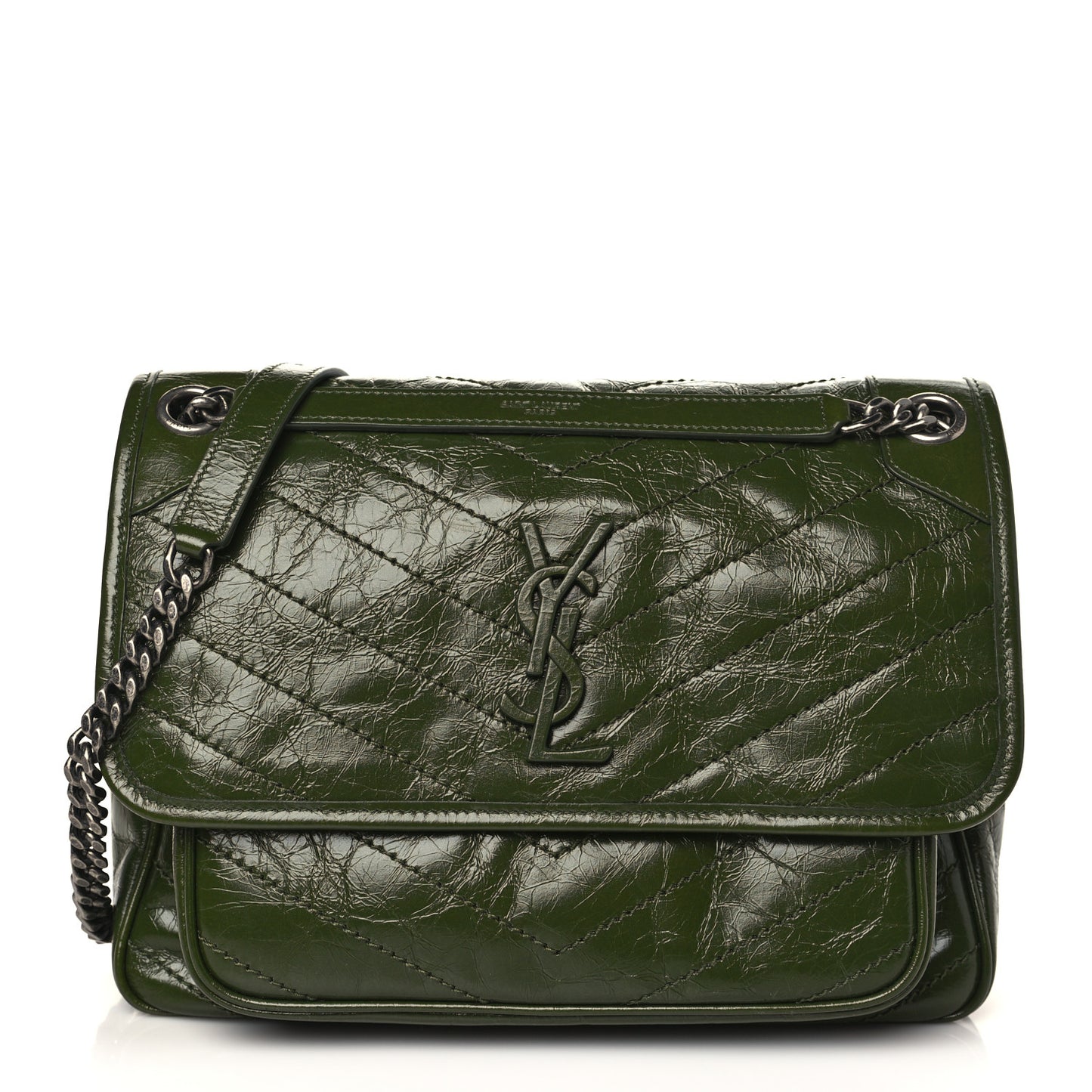 Crinkled Calfskin Matelasse Monogram Medium Niki Chain Satchel Military Olive
