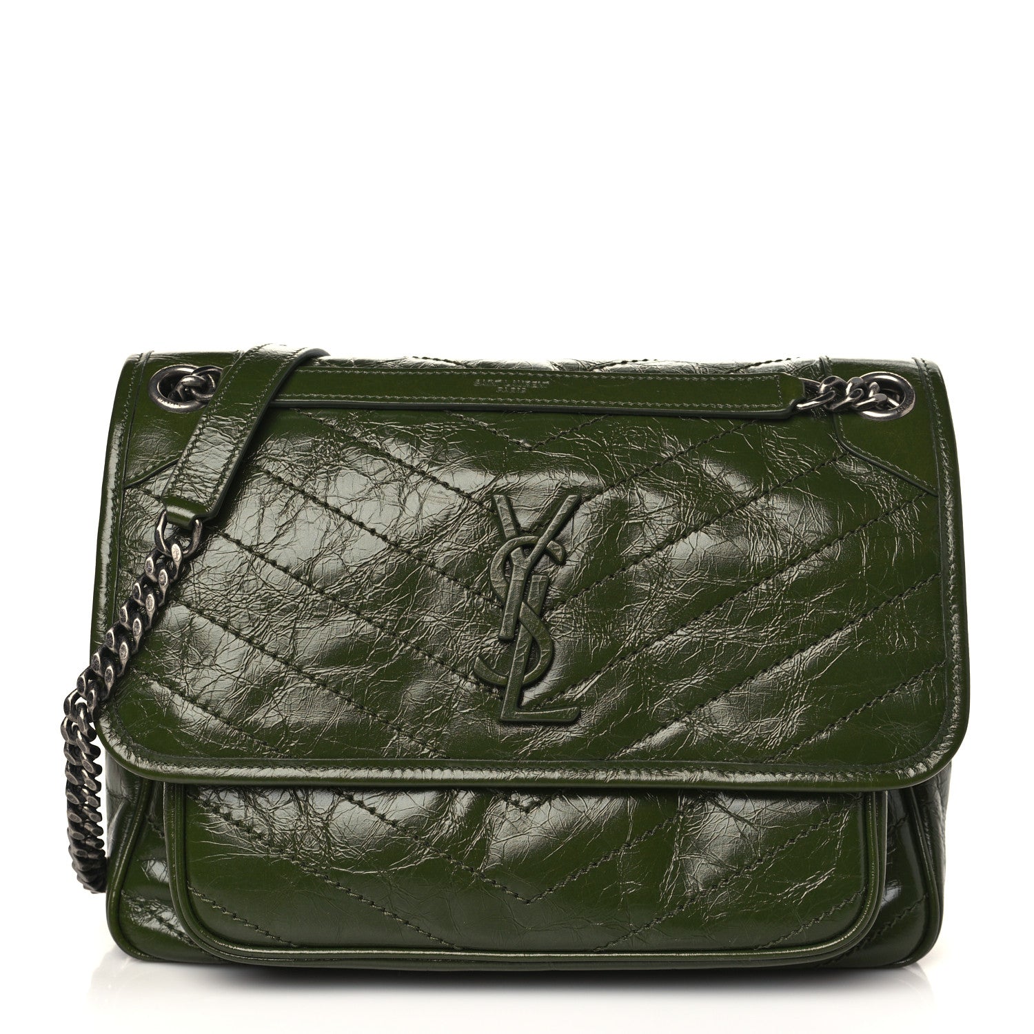 Saint Laurent Crinkled Calfskin Matelasse Monogram Medium Niki Chain Satchel Military Olive 1 of 8