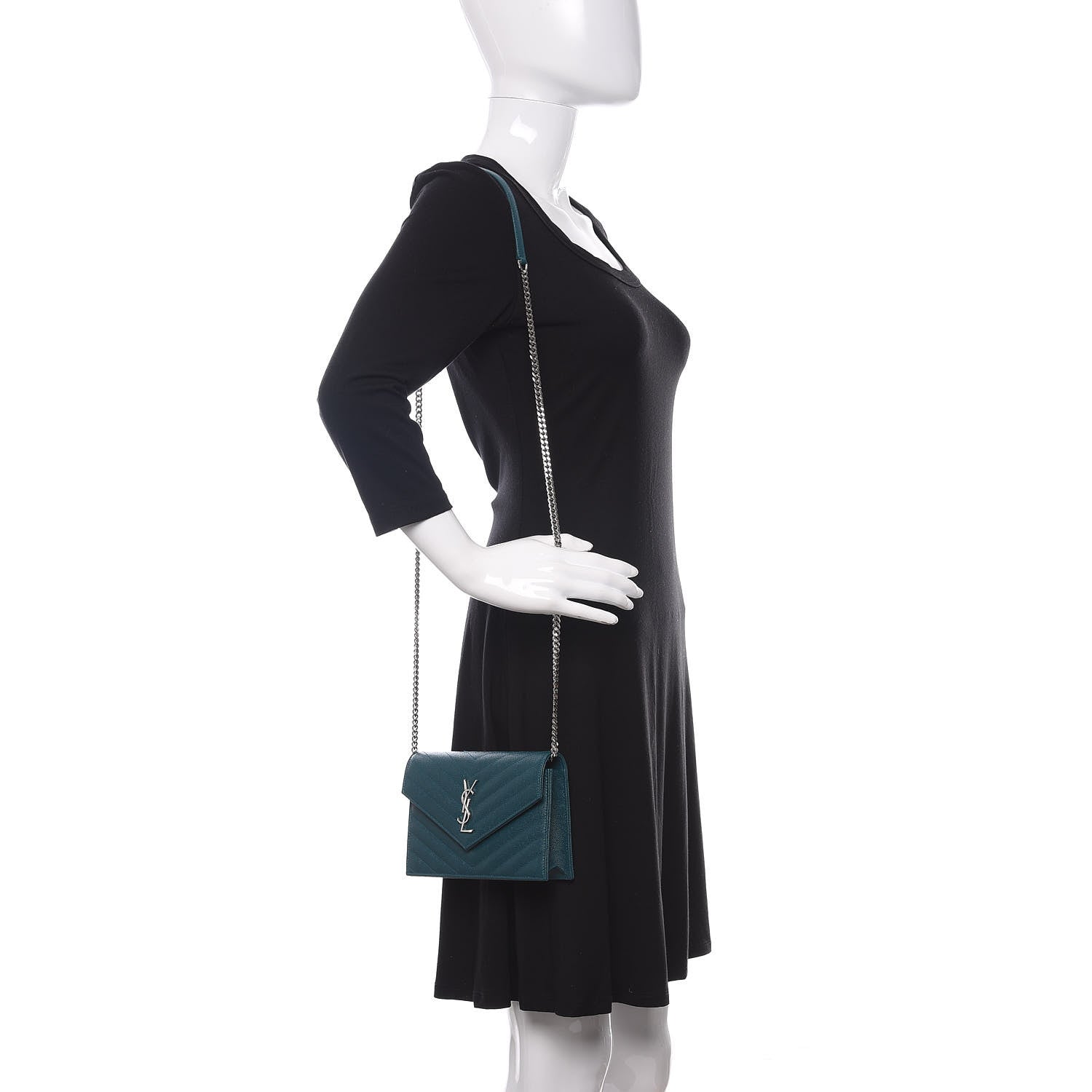 Saint Laurent Grain De Poudre Matelasse Chevron Monogram Envelope Chain Wallet Peacock Green 2 of 12