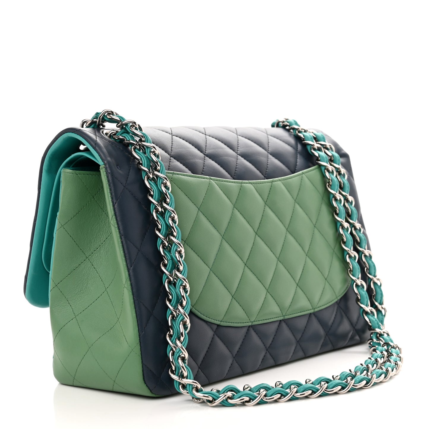 Lambskin Quilted Tri-Color Jumbo Double Flap Navy Blue Green