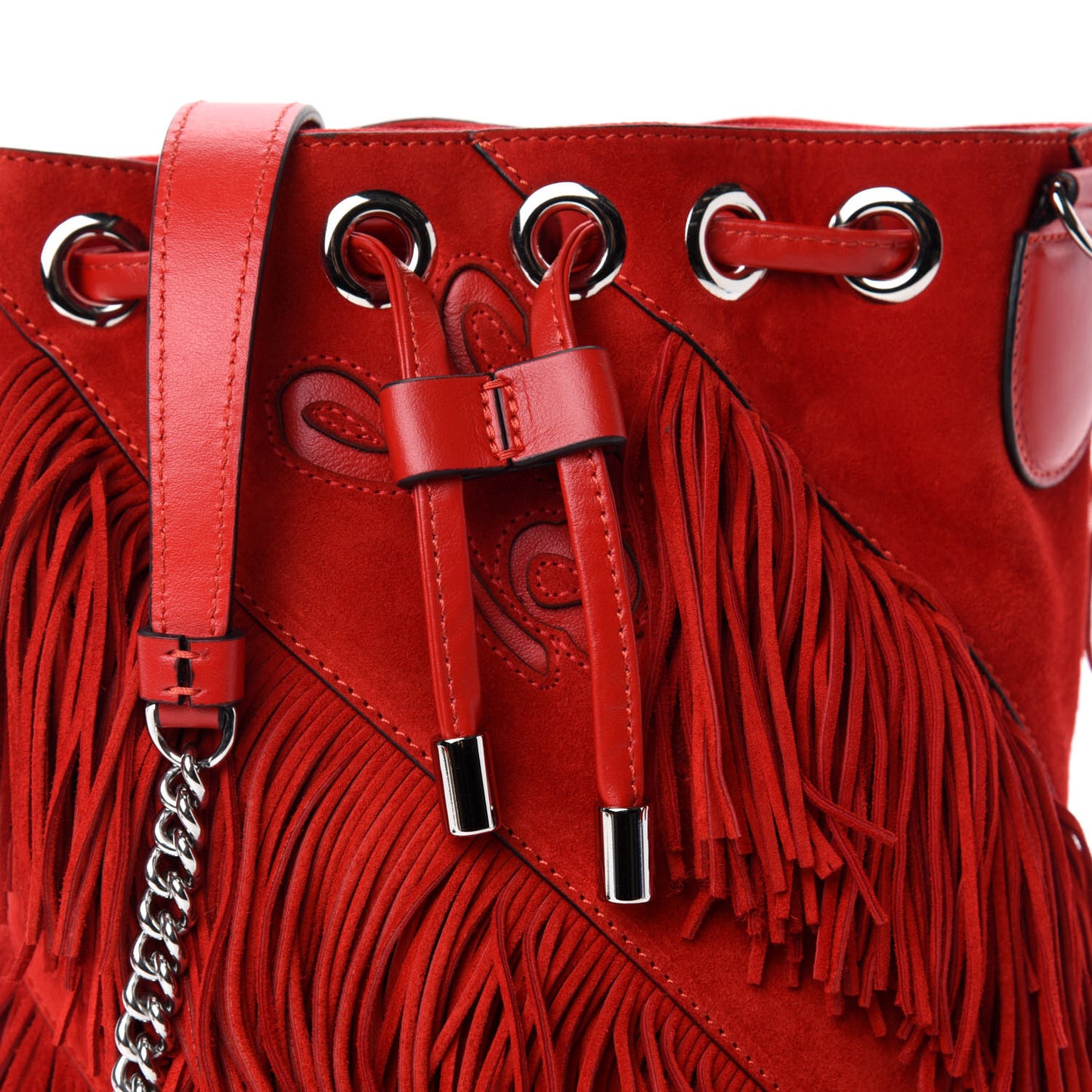 Suede Calfskin Fringe Marie Jane Bucket Red