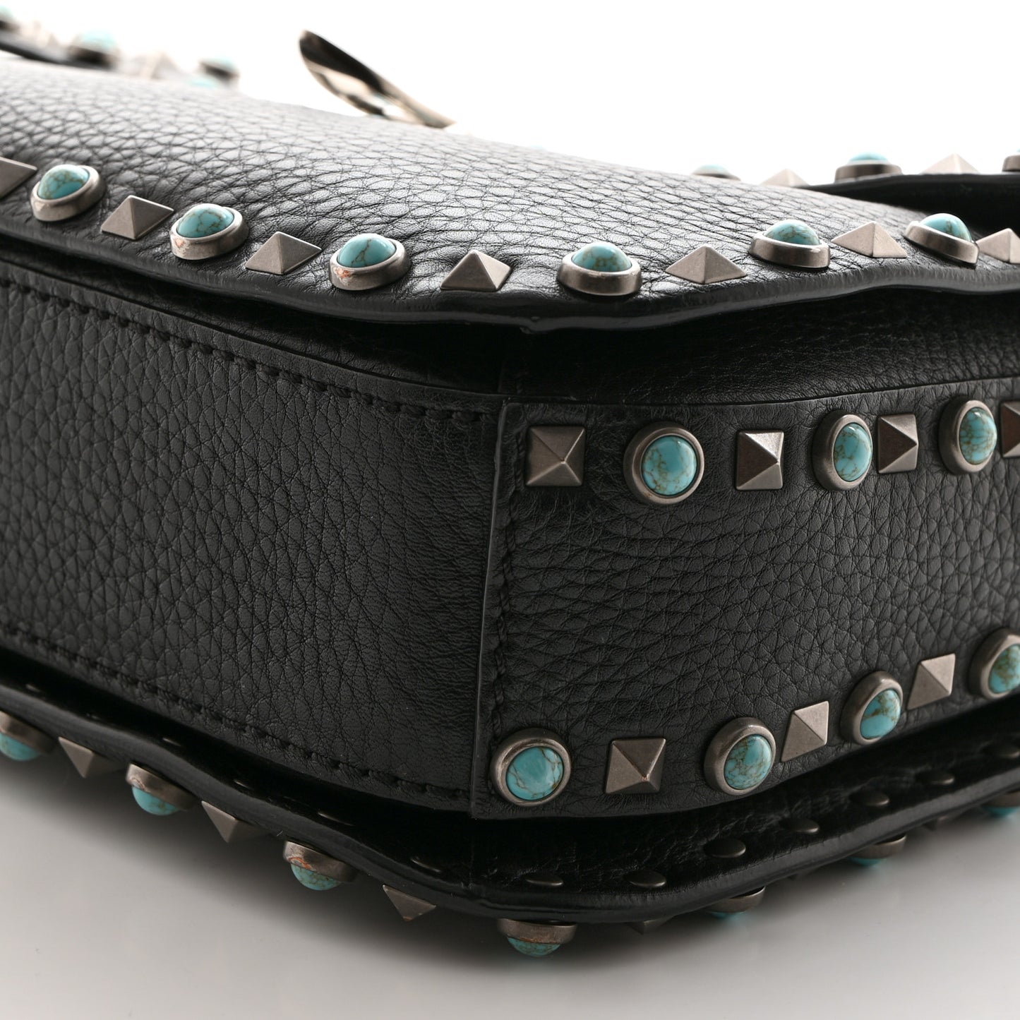 Pebbled Calfskin Turquoise Medium Guitar Strap Rockstud Rolling Flap Saddle Bag Black
