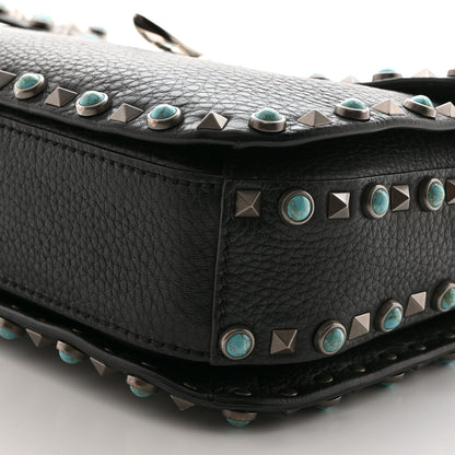 Valentino Garavani Pebbled Calfskin Turquoise Medium Guitar Strap Rockstud Rolling Flap Saddle Bag Black 10 of 10