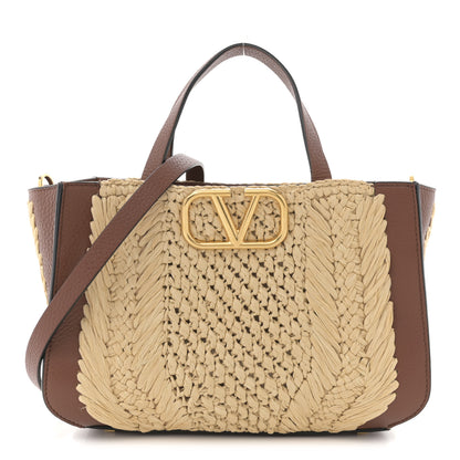 Valentino Garavani Raffia Calfskin Small Vlogo Signature Tote Natural Saddle Brown 1 of 10