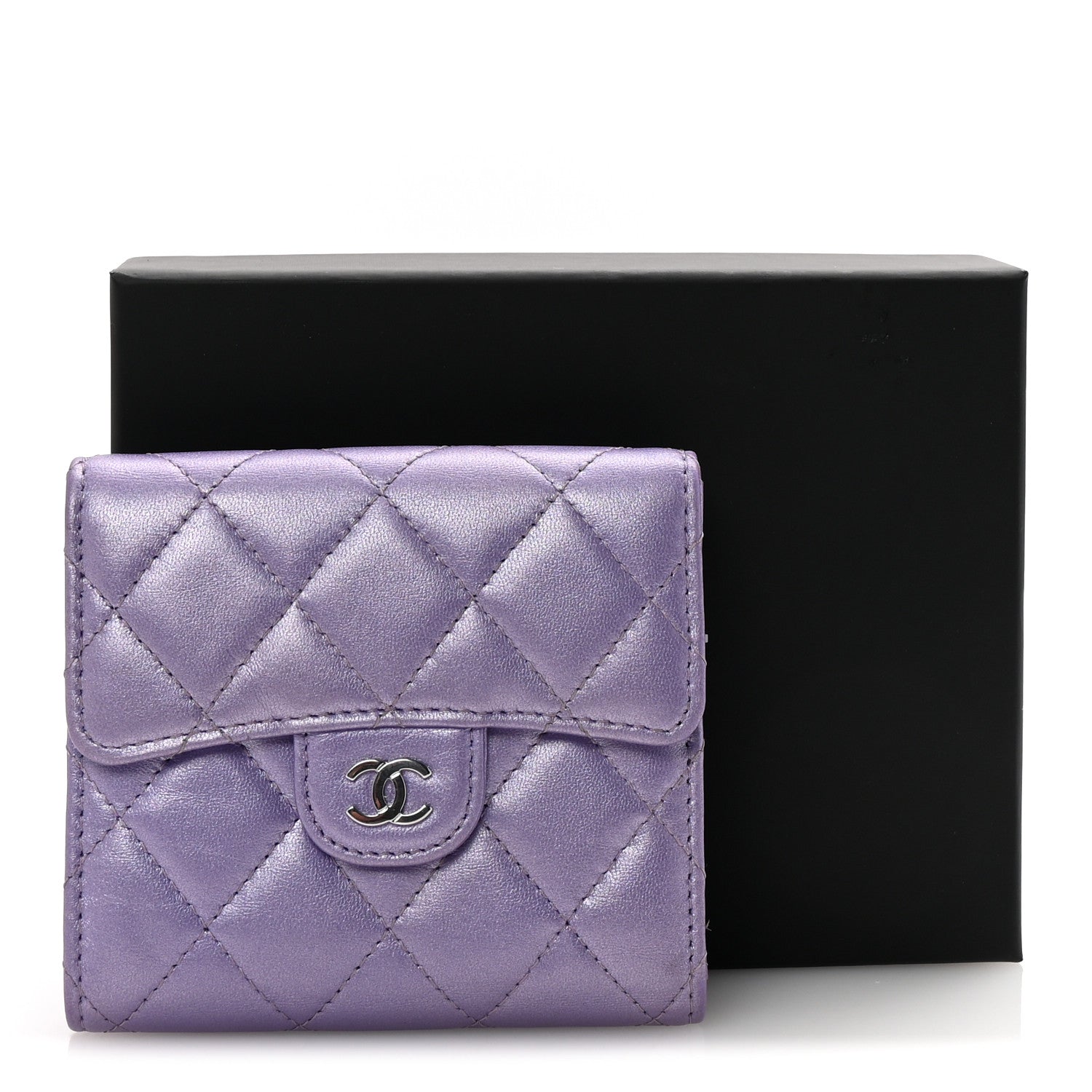 Chanel Metallic Lambskin Quilted Compact Flap Wallet Light Purple