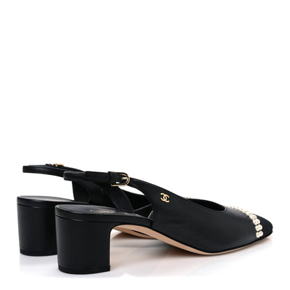 Chanel Lambskin Grosgrain Pearl Cap Toe CC Slingback Pumps 40.5 Black 5 of 12