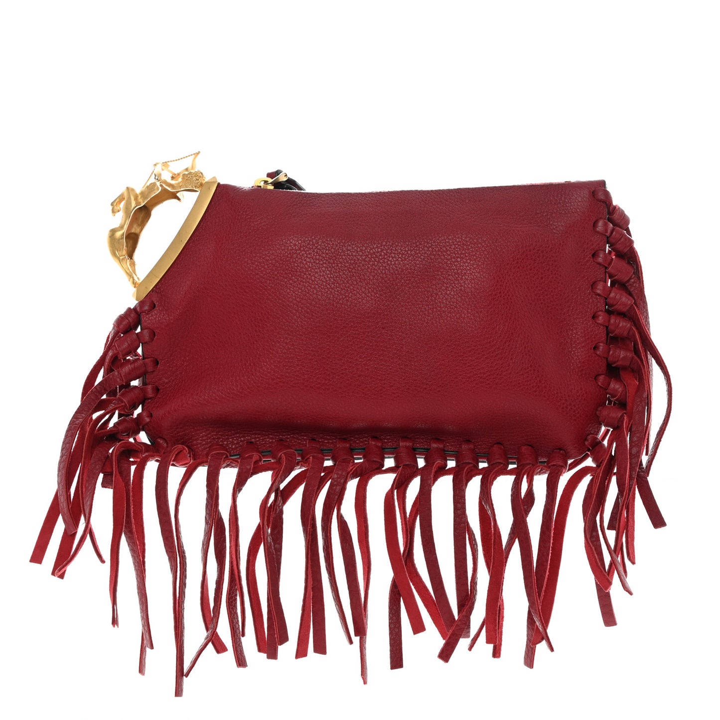 Grained Calfskin C-Rockee Sagittarius Fringe Clutch Scarlet