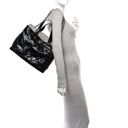 Chanel Glazed Calfskin Lambskin Quilted Portobello Tote Black Grey 2 of 11