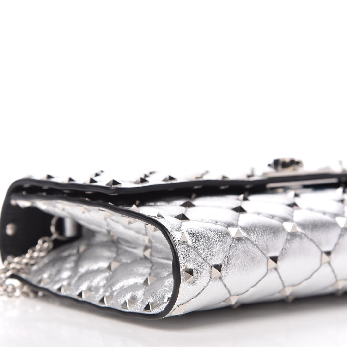 Metallic Nappa Rockstud Spike Wallet on Chain Silver