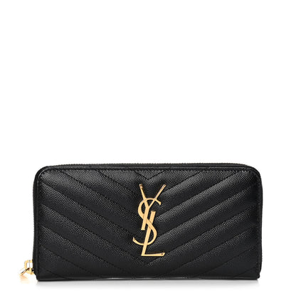 Saint Laurent Grain De Poudre Matelasse Chevron Monogram Zip Around Wallet Black 1 of 4