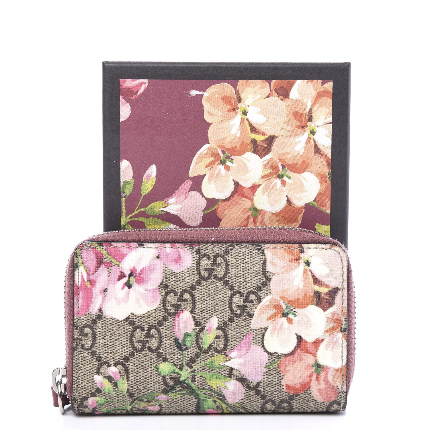 Gucci GG Supreme Monogram Blooms Zip Around Card Case Wallet Beige Multicolor Dry Rose 6 of 6