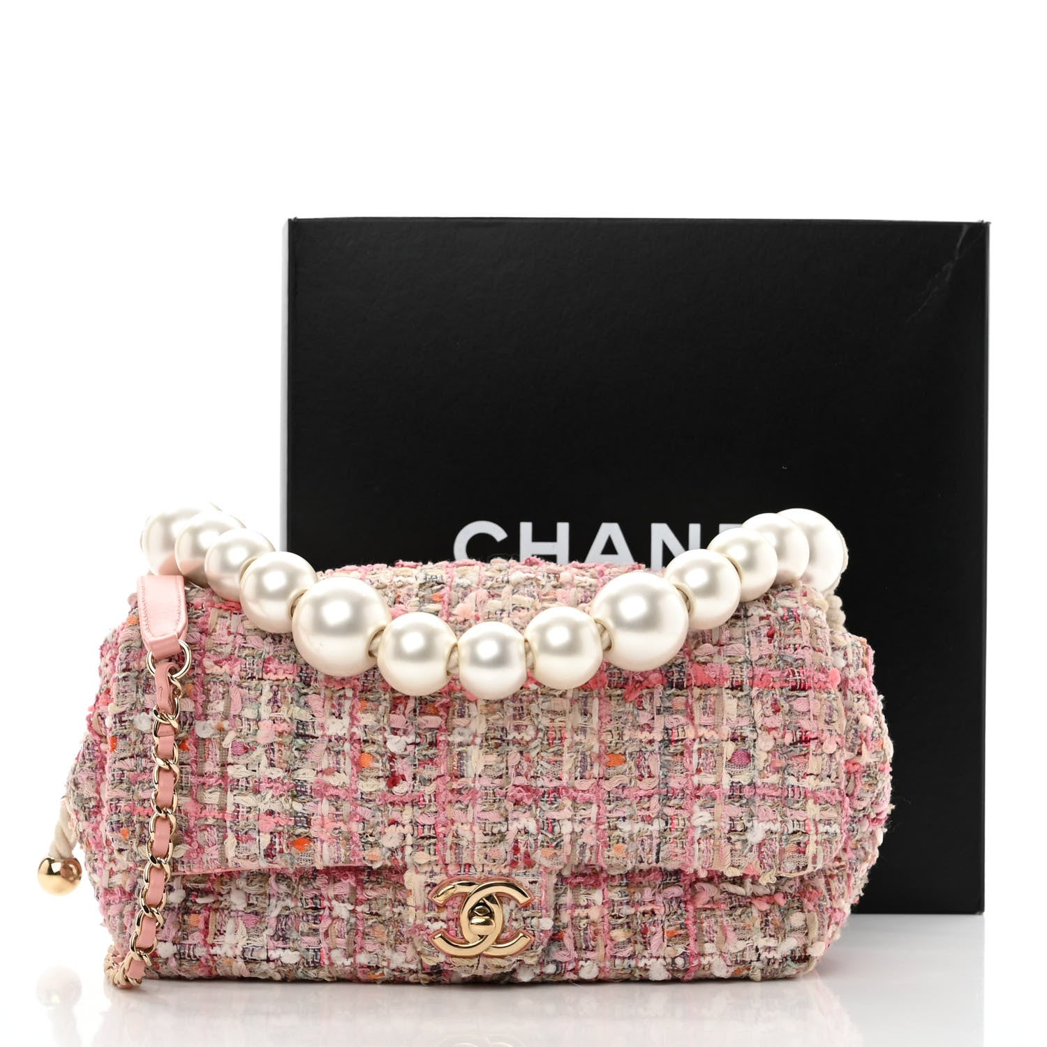 Chanel Tweed Mini Pearl Handle Flap Pink Beige Orange Ecru 10 of 10