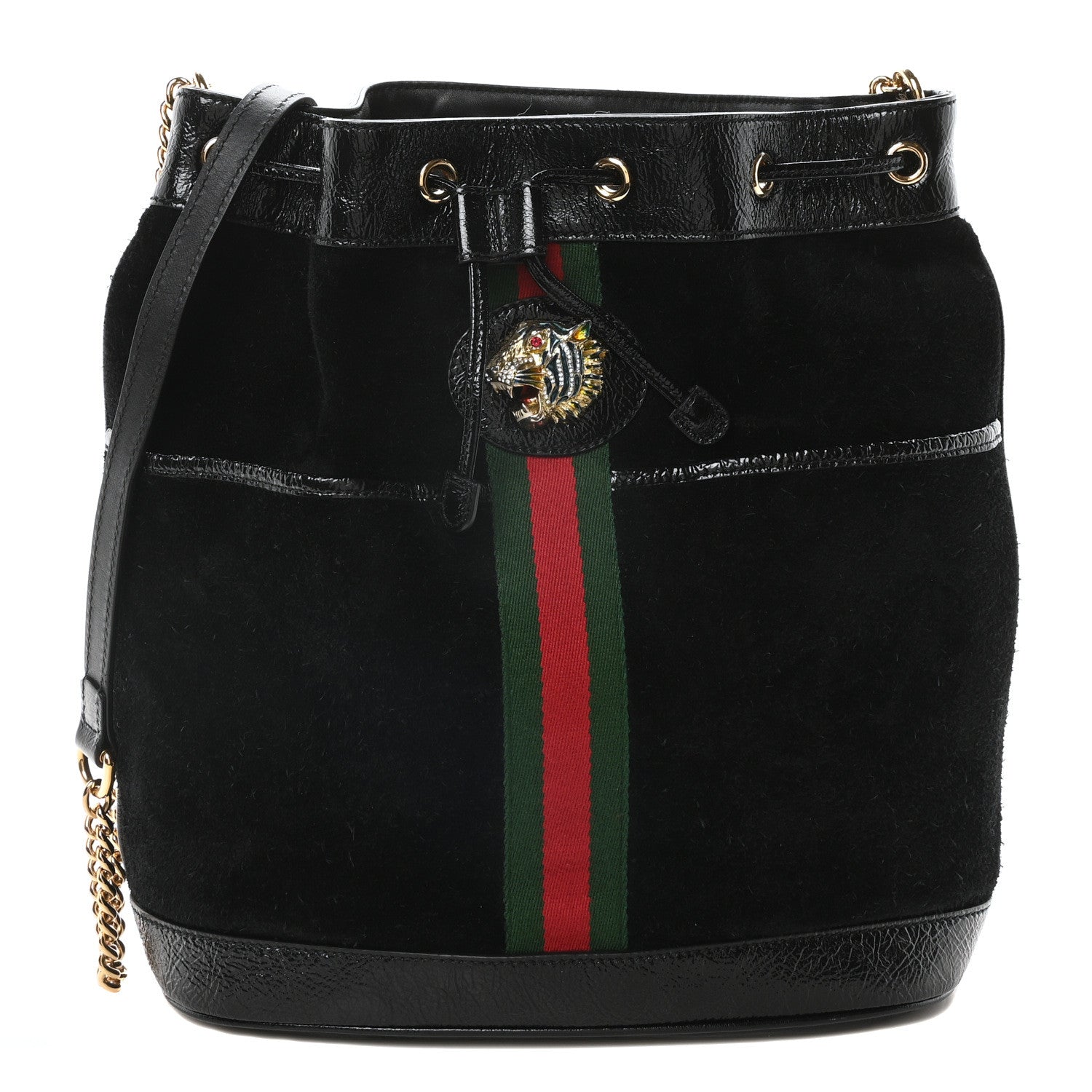 Gucci Suede Patent Web Medium Rajah Bucket Bag Black 1 of 10