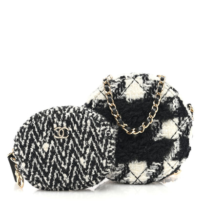 Chanel Wool Tweed Lambskin Quilted Round Clutch With Chain and Coin Purse Black White 3 of 12