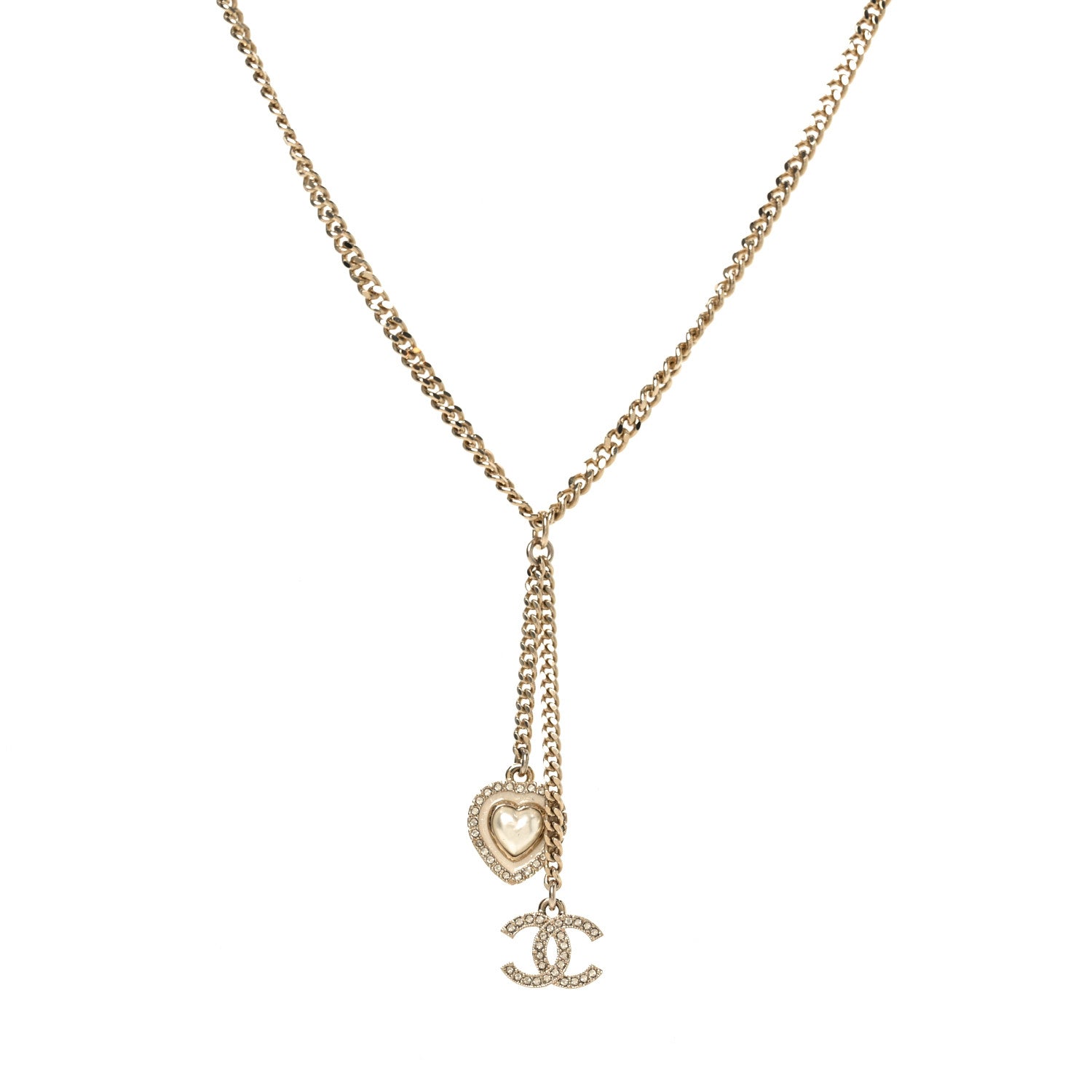 Chanel Pearl Crystal CC Heart Necklace Gold Pearly White 1 of 5