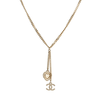 Chanel Pearl Crystal CC Heart Necklace Gold Pearly White 1 of 5