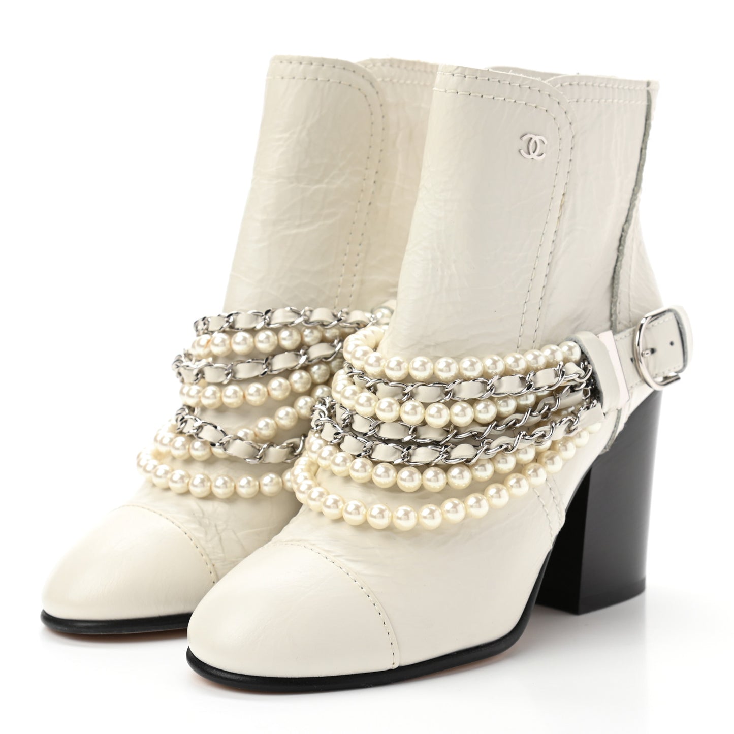 Crackled Calfskin Pearl Chain CC Short Boots 35 White