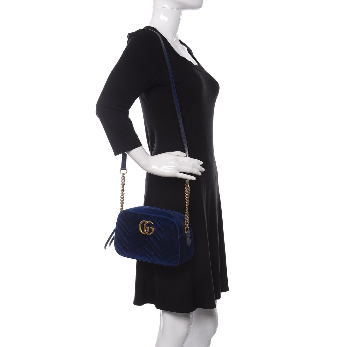 Velvet Matelasse Small GG Marmont Chain Shoulder Bag Cobalt