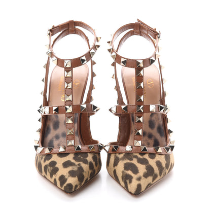 Valentino Garavani Canvas Leopard Print Rockstud Ankle Strap Pumps 36 Tan 2 of 7
