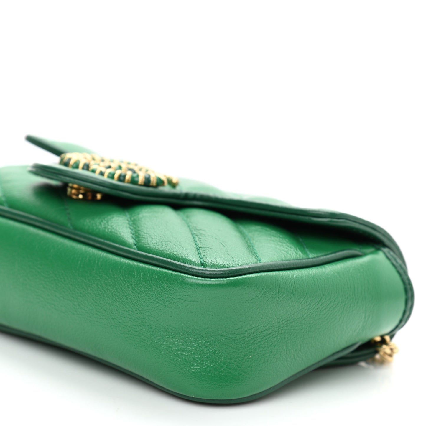 Azalea Calfskin Enamel Matelasse Diagonal Super Mini Torchon GG Marmont Shoulder Bag New Shamarock Emerald