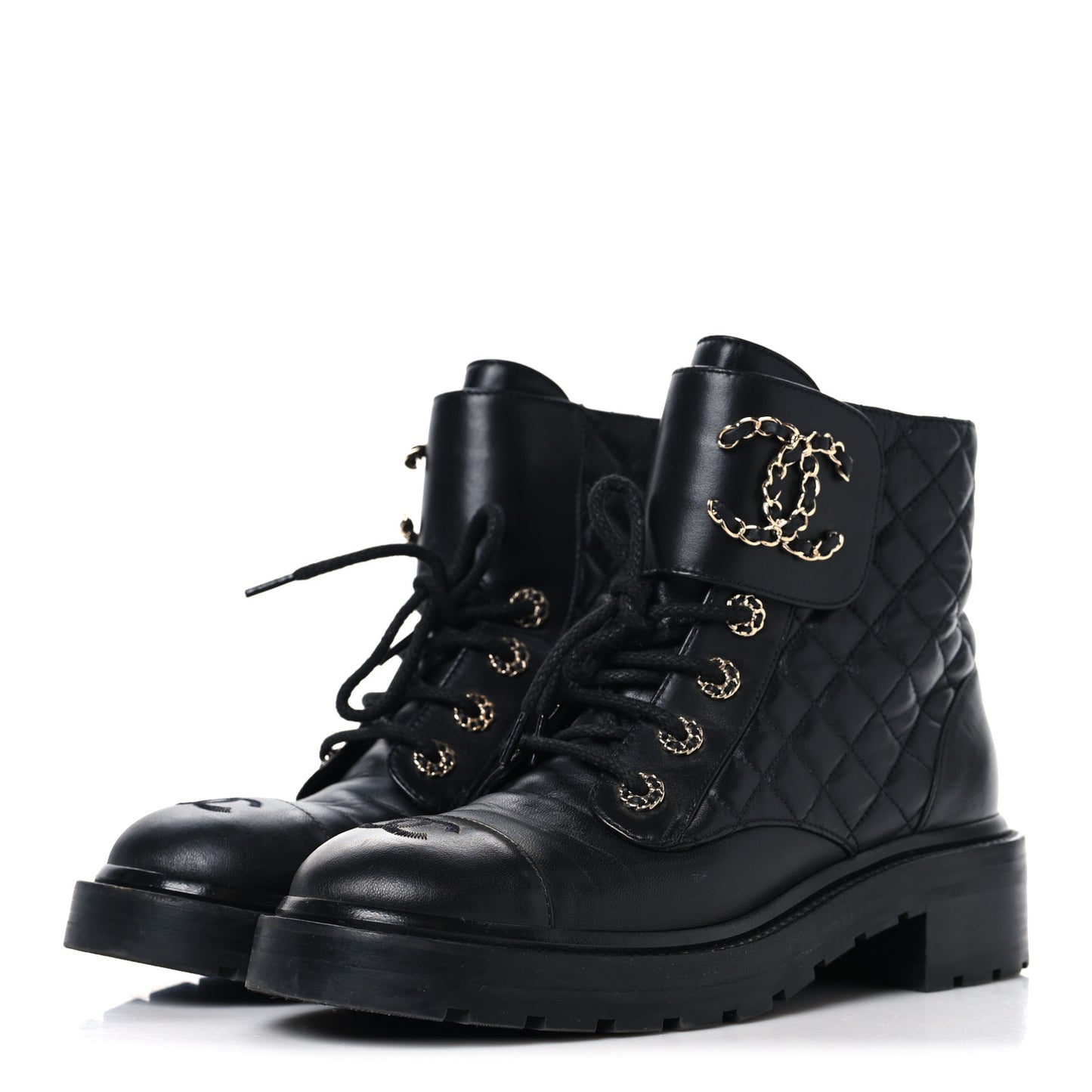 Shiny Lambskin Quilted Lace Up Combat Boots 39 Black
