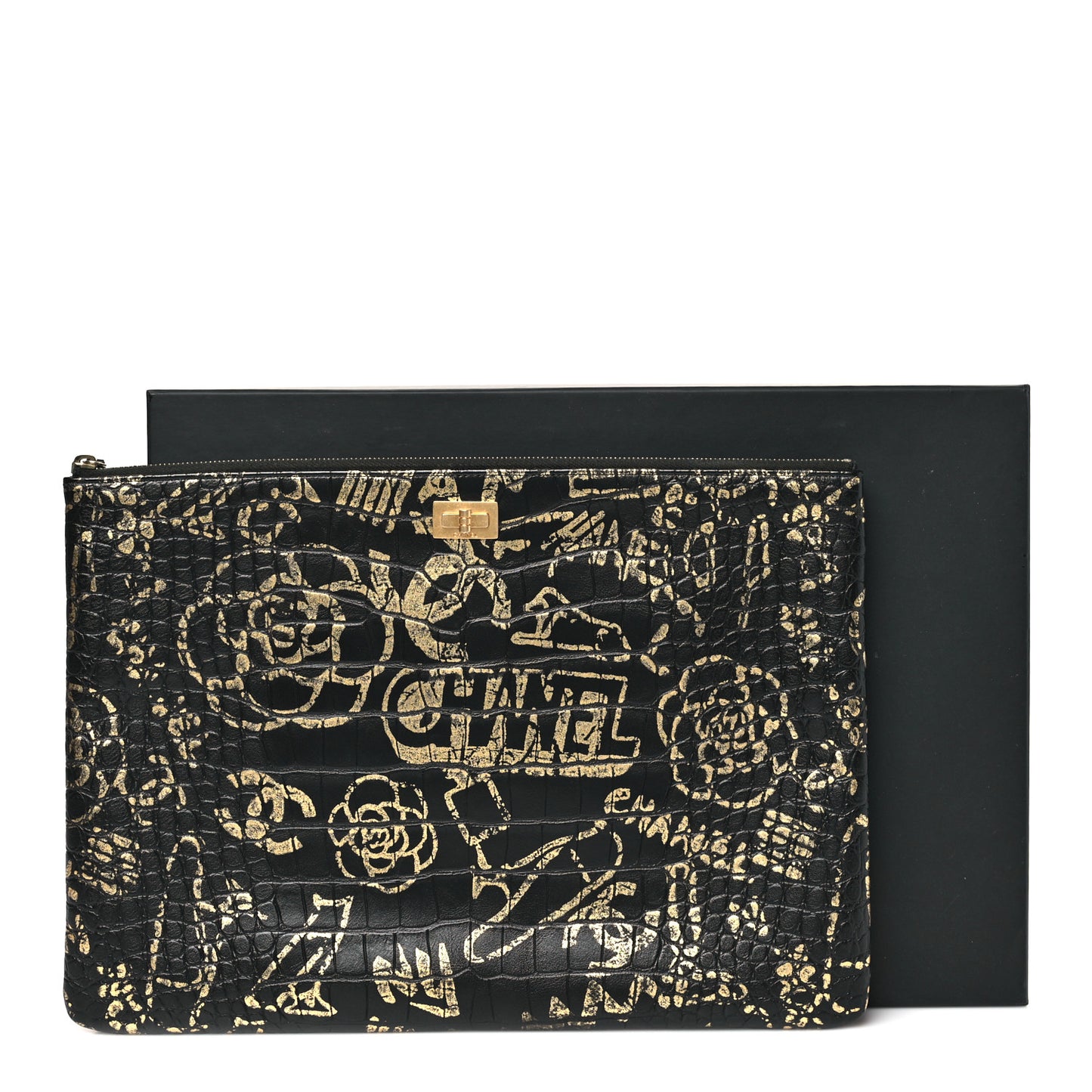 Calfskin Crocodile Embossed Graffiti 2.55 Large Cocodile Reissue Cosmetic Case Black Gold