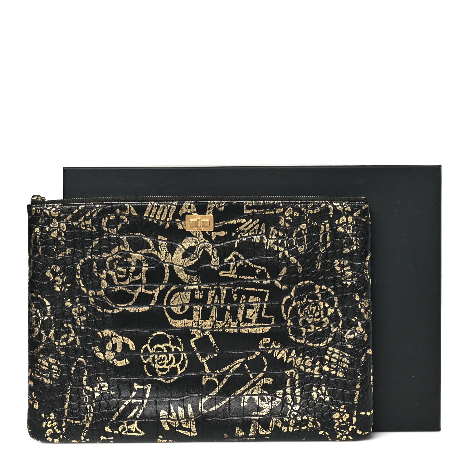Chanel Calfskin Crocodile Embossed Graffiti 2.55 Large Cocodile Reissue Cosmetic Case Black Gold 9 of 9