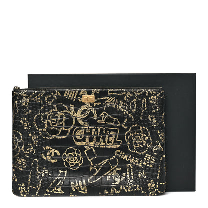Chanel Calfskin Crocodile Embossed Graffiti 2.55 Large Cocodile Reissue Cosmetic Case Black Gold 9 of 9