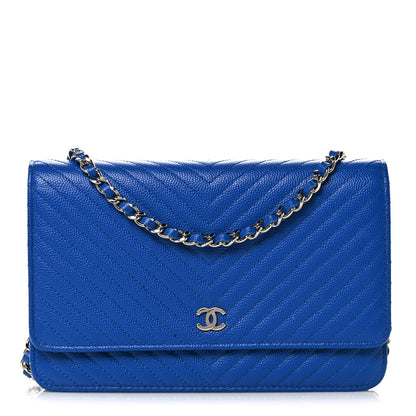 Chanel Caviar Chevron Quilted Wallet On Chain WOC Blue 1 of 10
