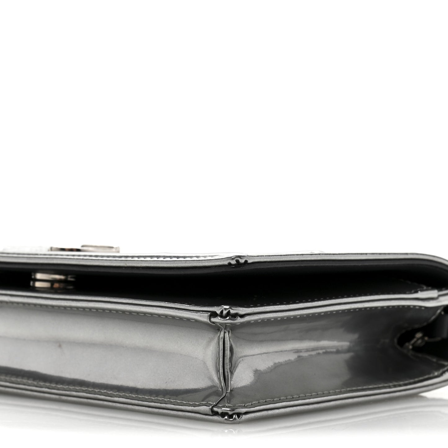 Metallic Patent Micro-Cannage Diorama Wallet on Chain Pouch Silver