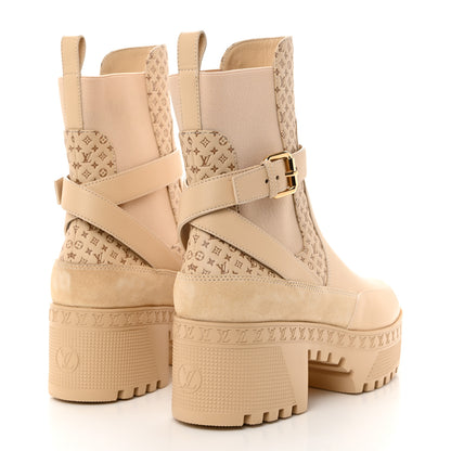 Louis Vuitton Suede Calfskin Embossed Monogram Laureate Platform Desert Boots 38 Beige 4 of 9