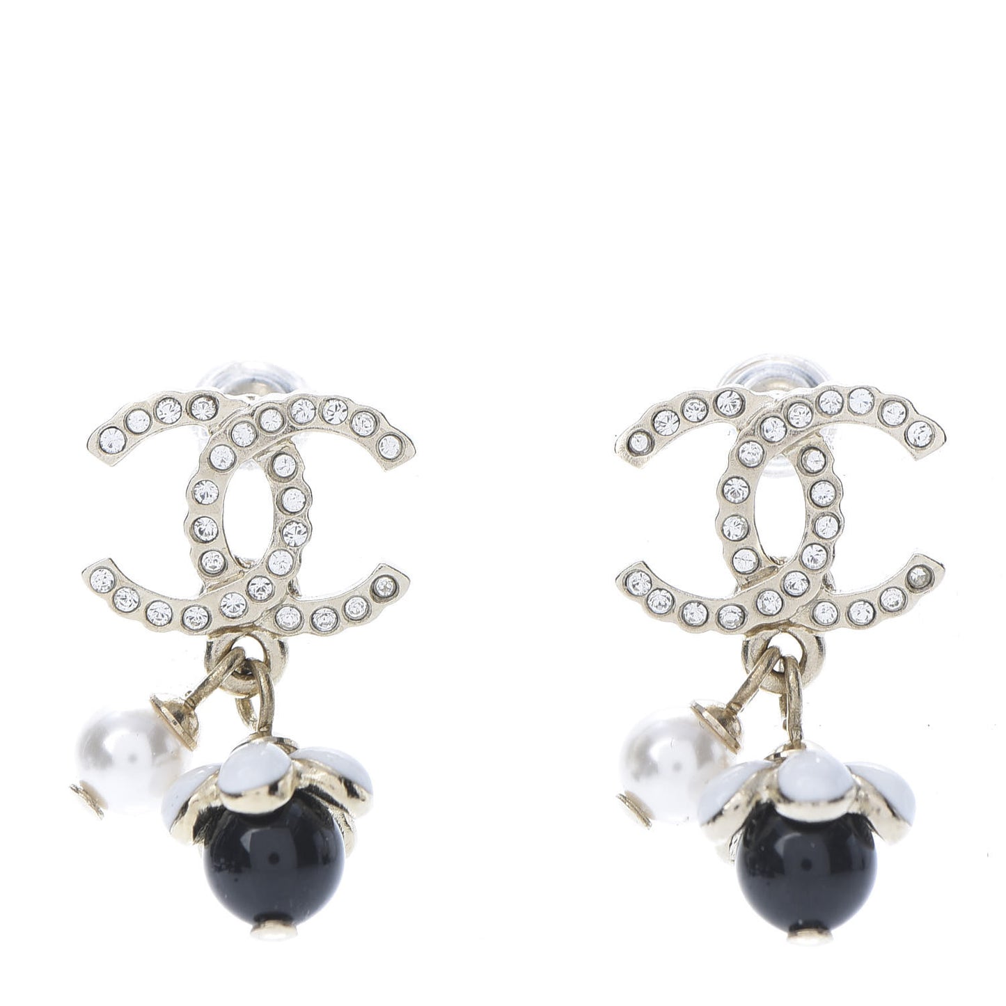 Crystal Bead Pearl CC Drop Earrings Gold White Black