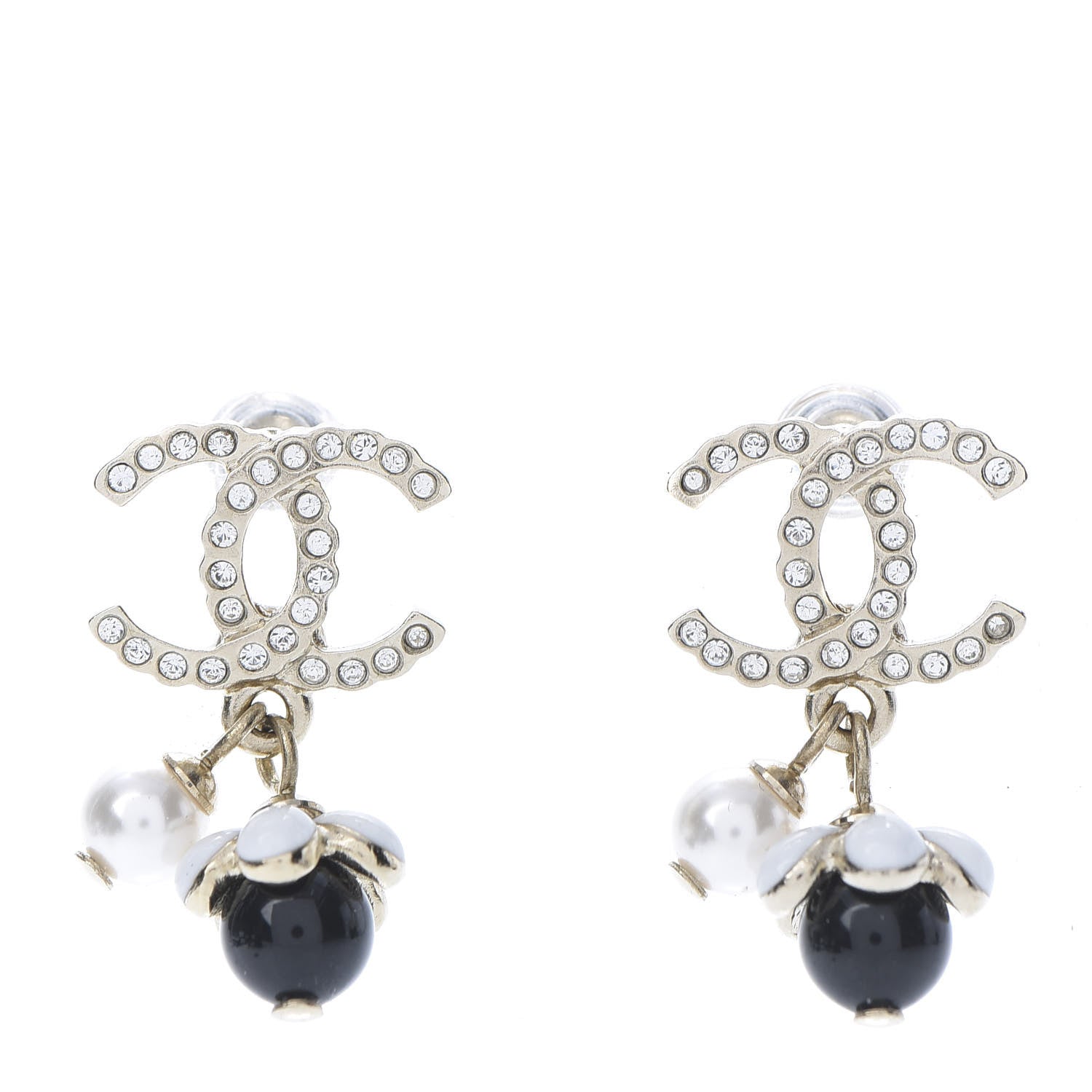 Chanel Crystal Bead Pearl CC Drop Earrings Gold White Black 1 of 5