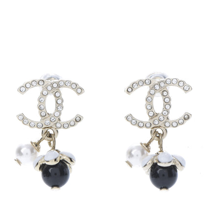 Chanel Crystal Bead Pearl CC Drop Earrings Gold White Black 1 of 5