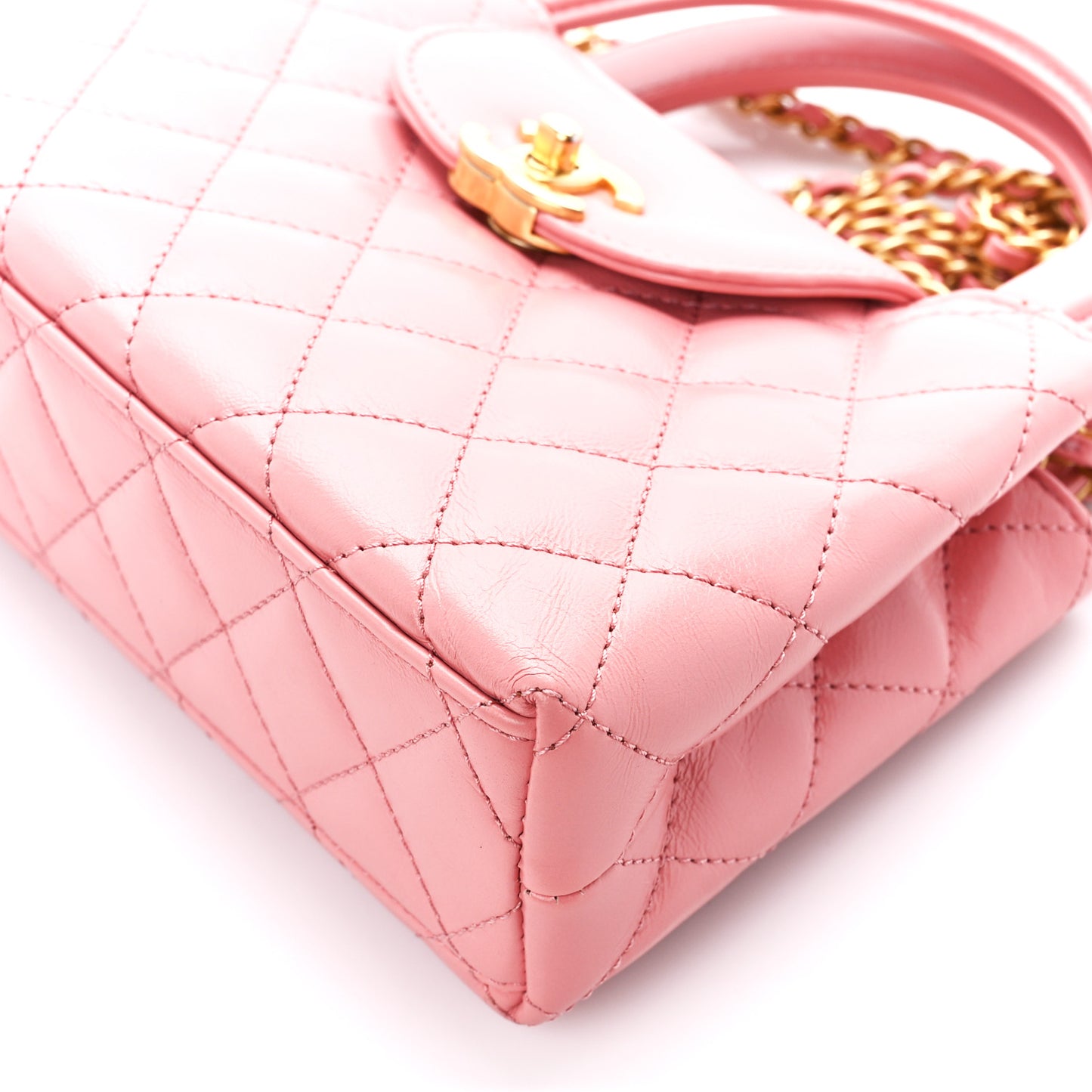 Shiny Aged Calfskin Quilted Nano Kelly Shopper Coral Pink