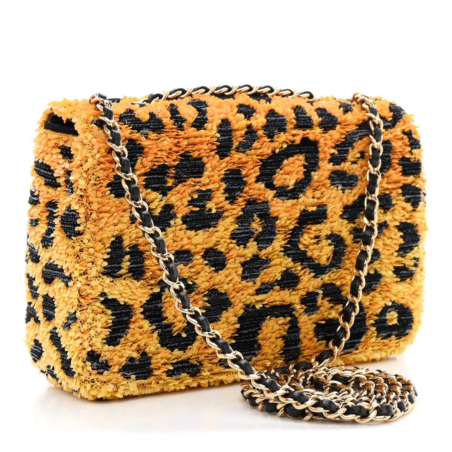 Sequin Mixed Fibers Leopard Print Mini Rectangular Flap Black Orange