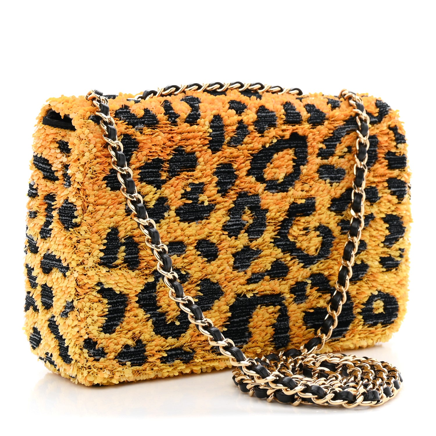 Chanel Sequin Mixed Fibers Leopard Print Mini Rectangular Flap Black Orange 3 of 11