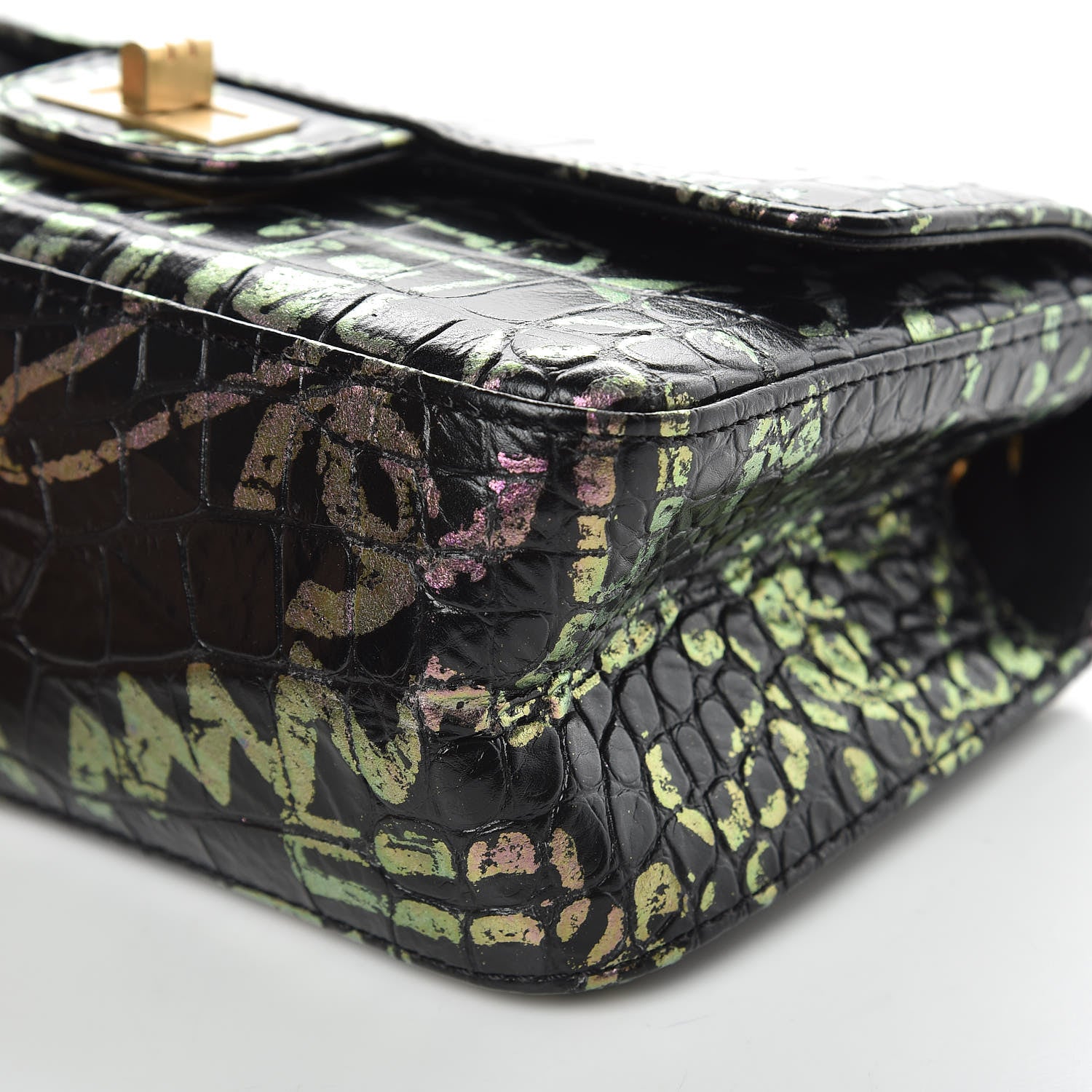 Chanel Calfskin Crocodile Embossed Graffiti 2.55 Mini Cocodile Reissue Flap Black Pink 10 of 11