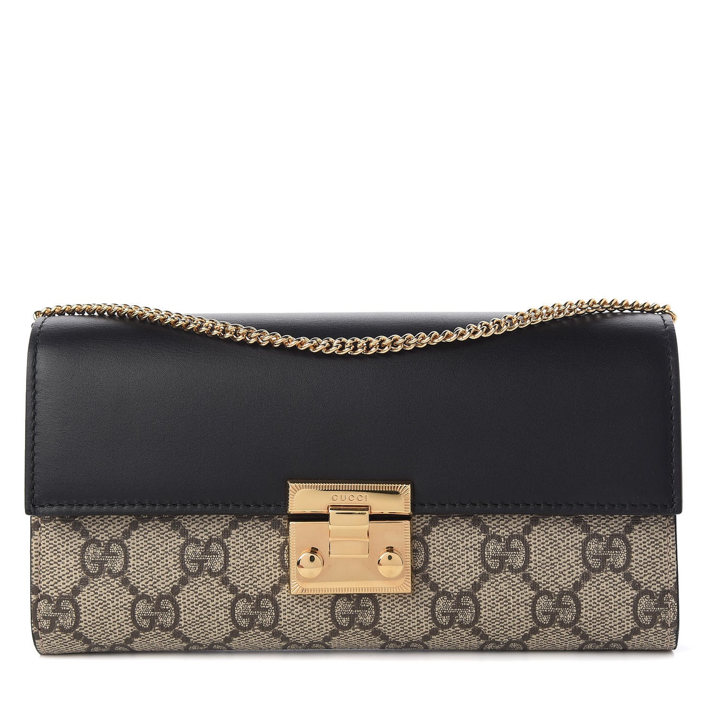 GG Supreme Monogram Moon Calfskin Padlock Continental Chain Wallet Beige Ebony Black