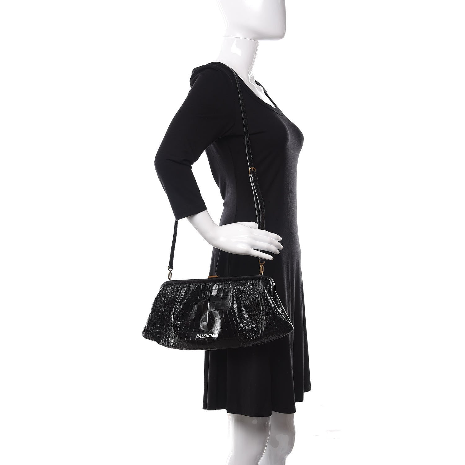 Balenciaga Shiny Supple Calfskin Logo Crocodile Embossed XL Cloud Clutch Black White 2 of 10