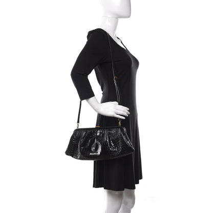Balenciaga Shiny Supple Calfskin Logo Crocodile Embossed XL Cloud Clutch Black White 2 of 10