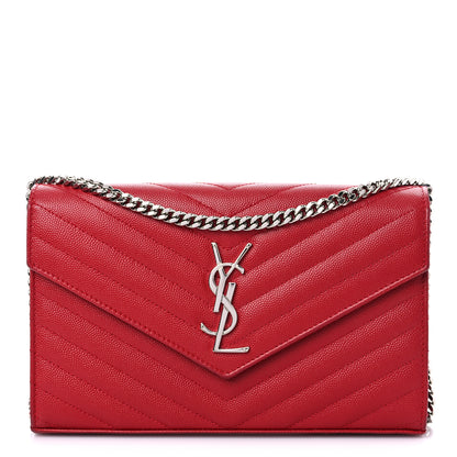 Saint Laurent Grain De Poudre Matelasse Chevron Monogram Chain Wallet New Red 1 of 13
