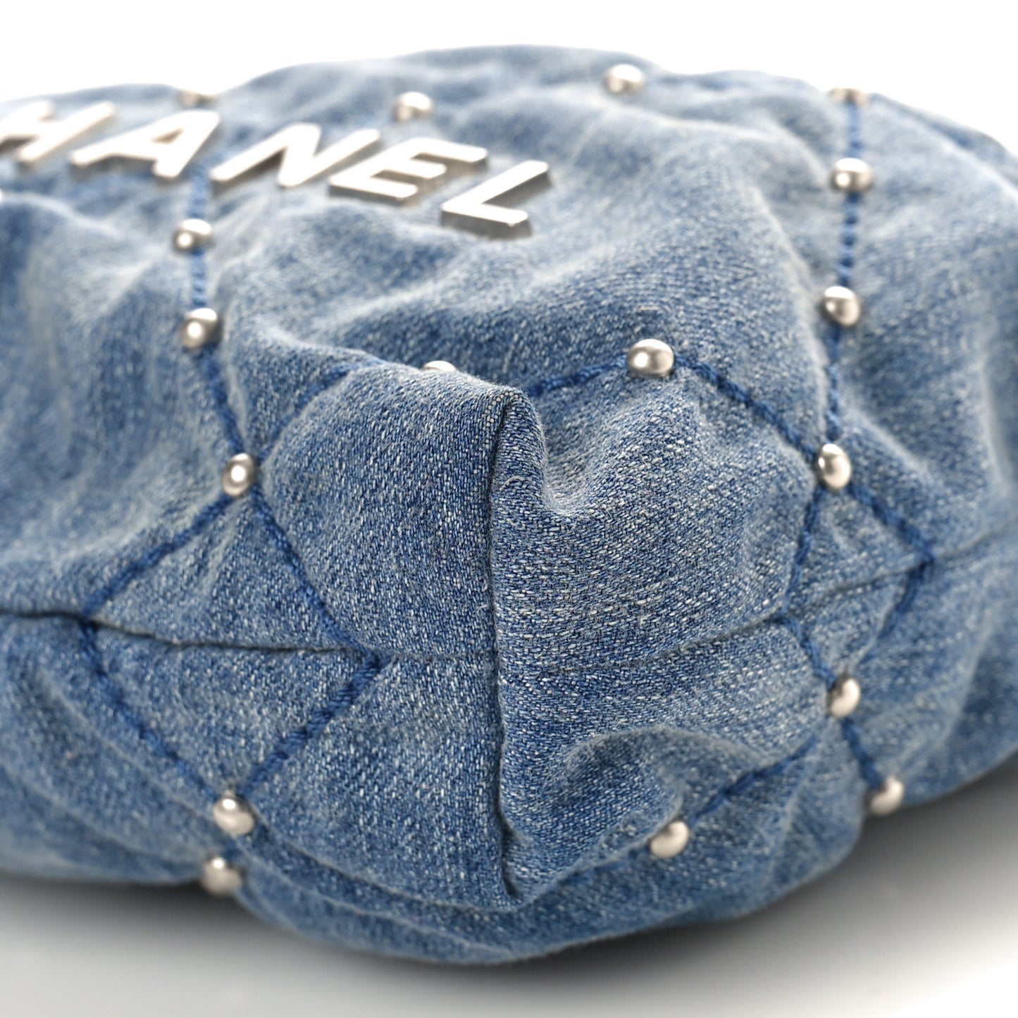 Washed Denim Quilted Studded Mini Chanel 22 Blue