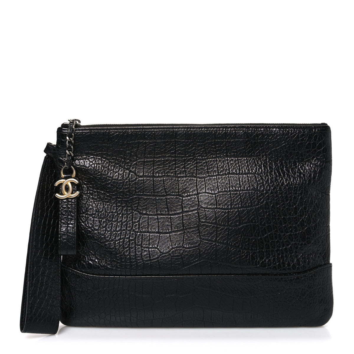 Calfskin Crocodile Embossed Quilted Medium Gabrielle Cosmetic Case Black