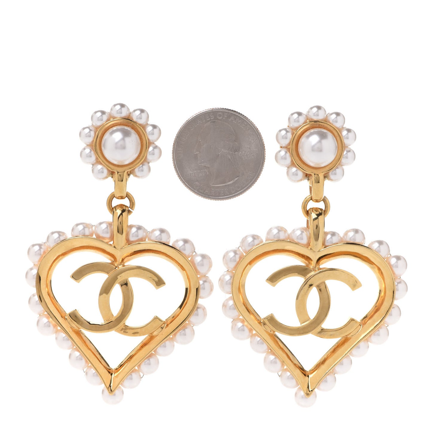Pearl Heart CC Drop Earrings Gold