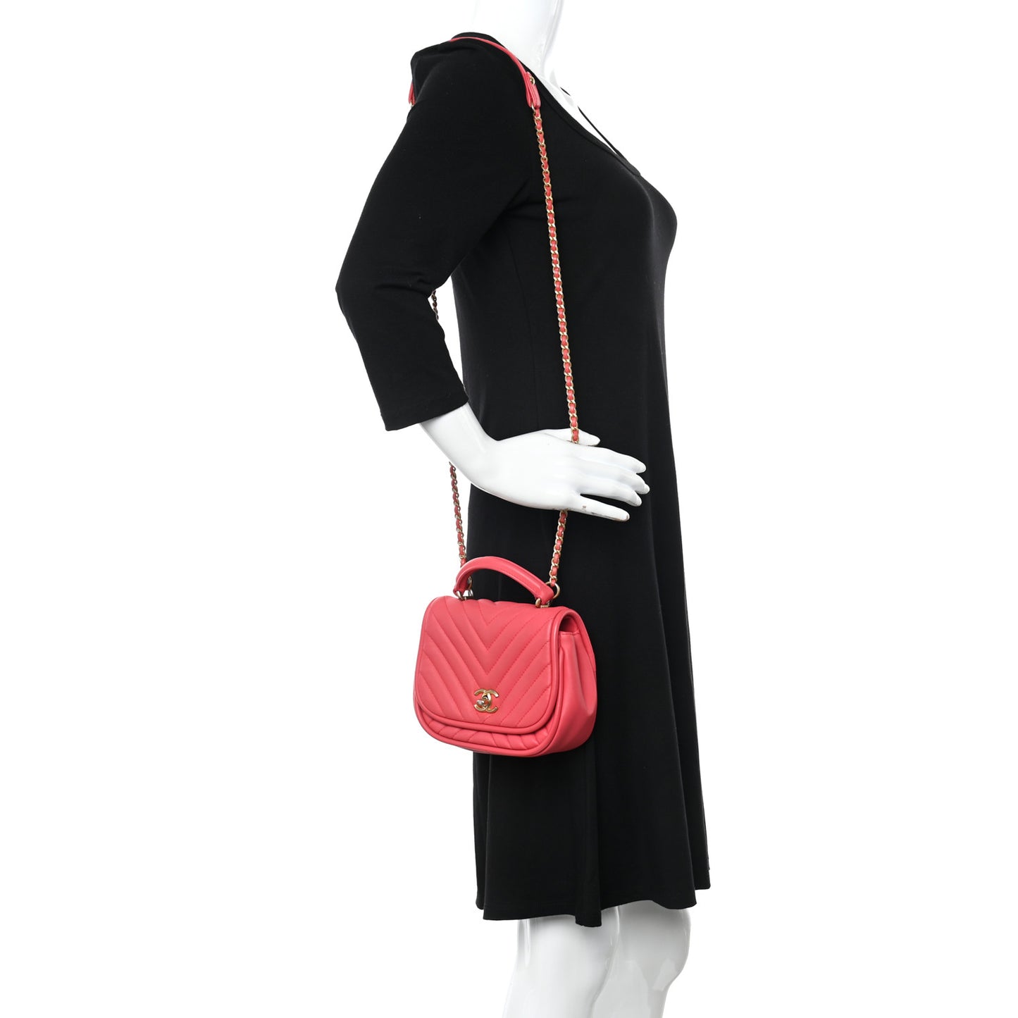Lambskin Reverse Chevron Quilted Mini Round Top Handle Flap Bright Pink